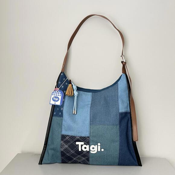 Tag Handbags - Tag Patchwork Blue Shoulder Cosmetic Bag with Brown Strap